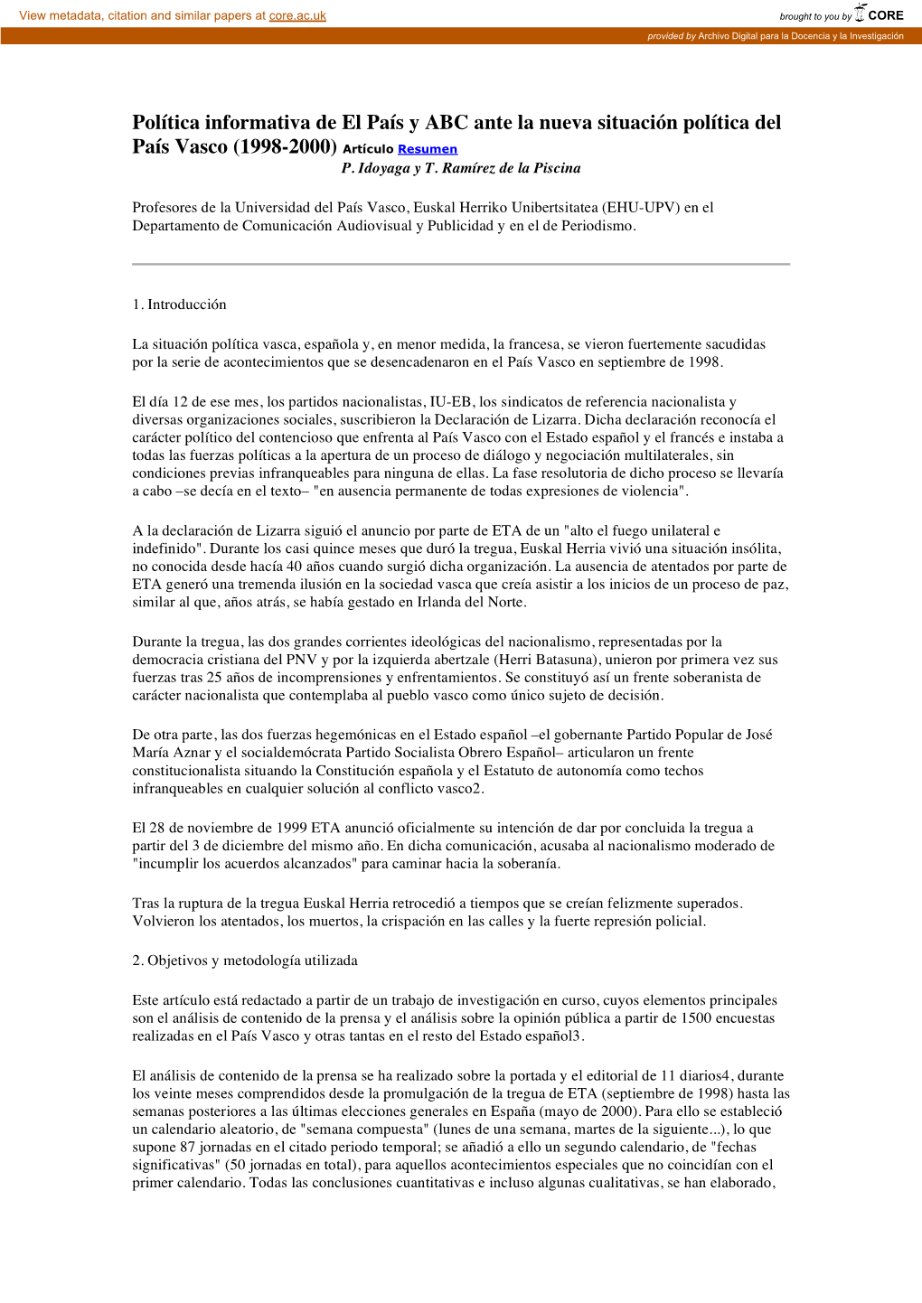 Política Informativa De El País Y ABC Ante La Nueva Situación Política Del País Vasco (1998-2000) Artículo Resumen P