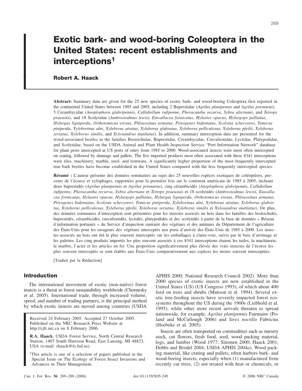 Exotic Bark- and Wood-Boring Coleoptera in the United States: Recent Establishments and Interceptions1