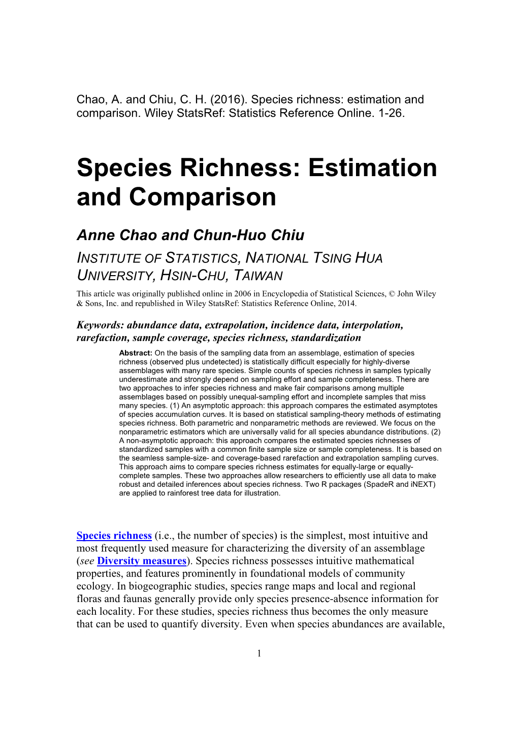 Species Richness: Estimation and Comparison