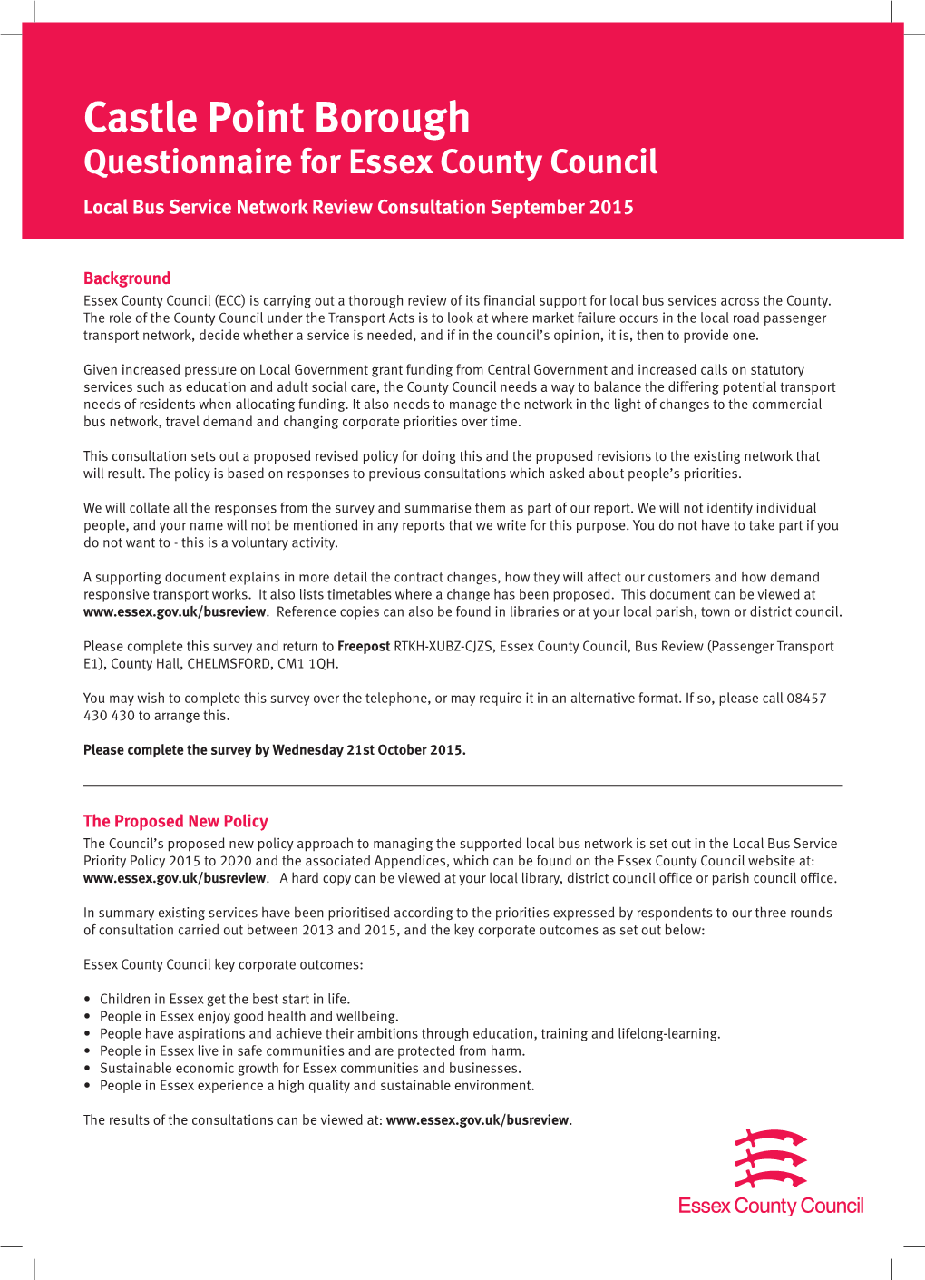 Castle Point Borough Questionnaire for Essex County Council Local Bus Service Network Review Consultation September 2015