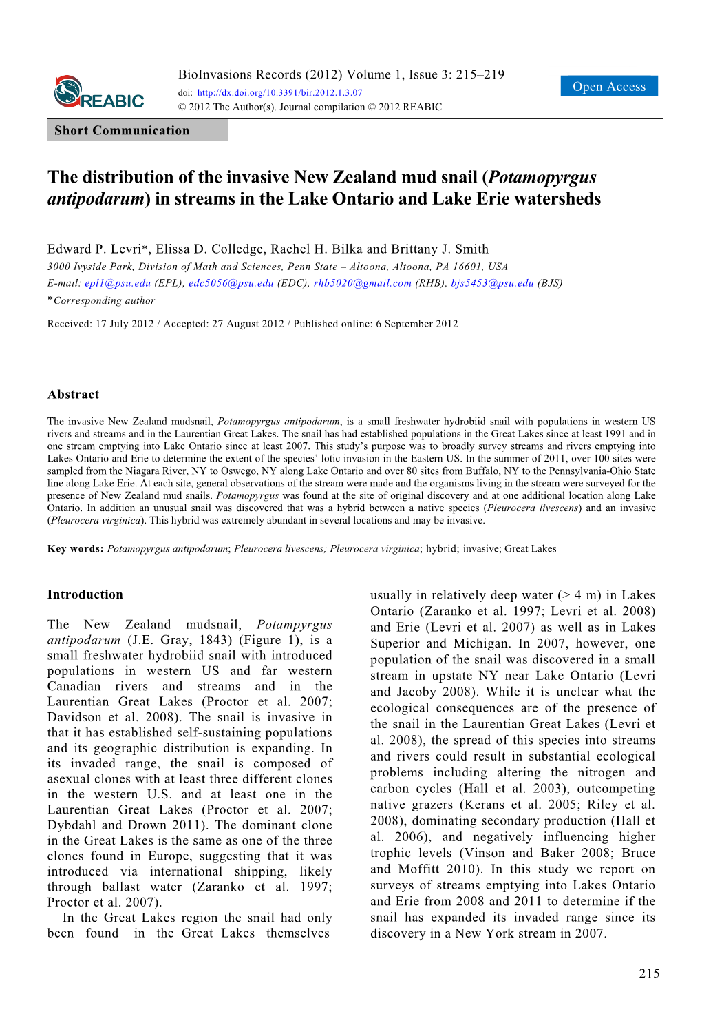 The Distribution of the Invasive New Zealand Mud Snail (Potamopyrgus Antipodarum) in Streams in the Lake Ontario and Lake Erie Watersheds