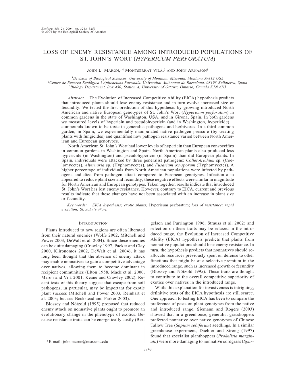 Loss of Enemy Resistance Among Introduced Populations of St. John's Wort (Hypericum Perforatum)