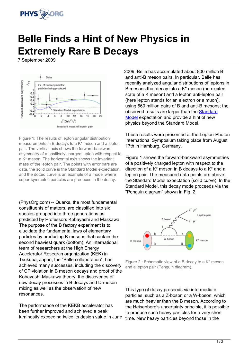 Belle Finds a Hint of New Physics in Extremely Rare B Decays 7 September 2009