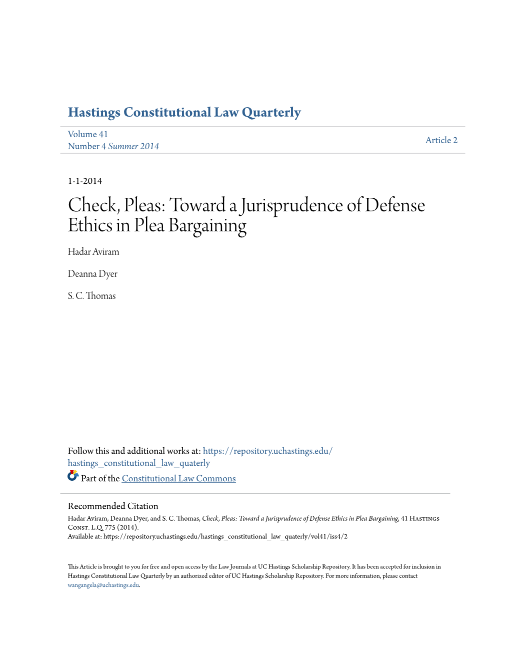 Toward a Jurisprudence of Defense Ethics in Plea Bargaining Hadar Aviram