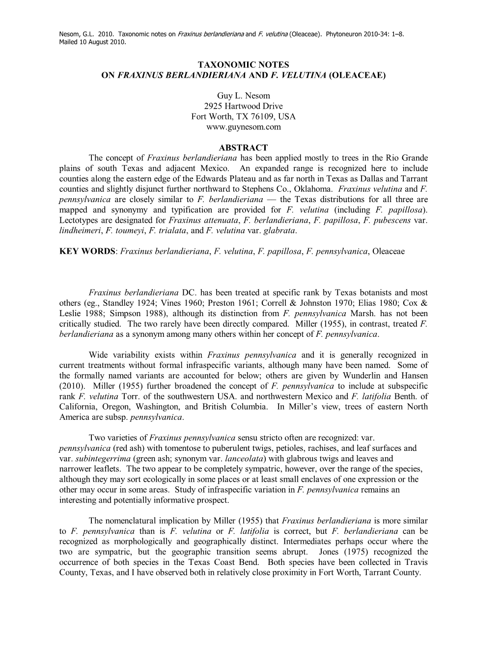 Taxonomic Notes on Fraxinus Berlandieriana and F. Velutina (Oleaceae)