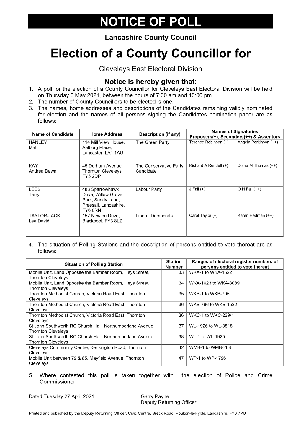 NOTICE of POLL Election of a County Councillor