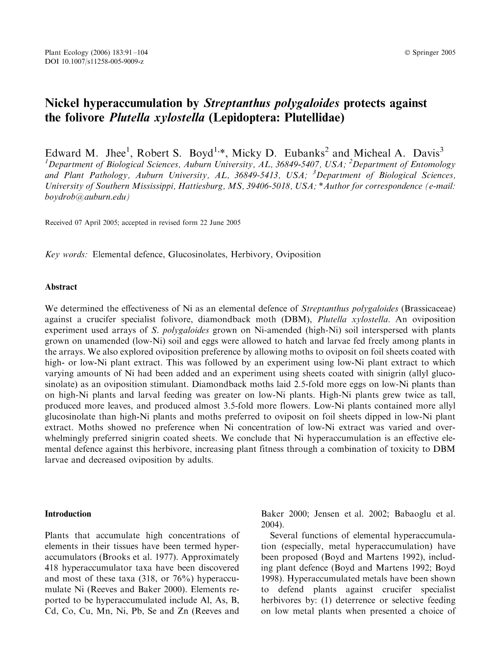 Nickel Hyperaccumulation by Streptanthus Polygaloides Protects Against the Folivore Plutella Xylostella (Lepidoptera: Plutellidae)