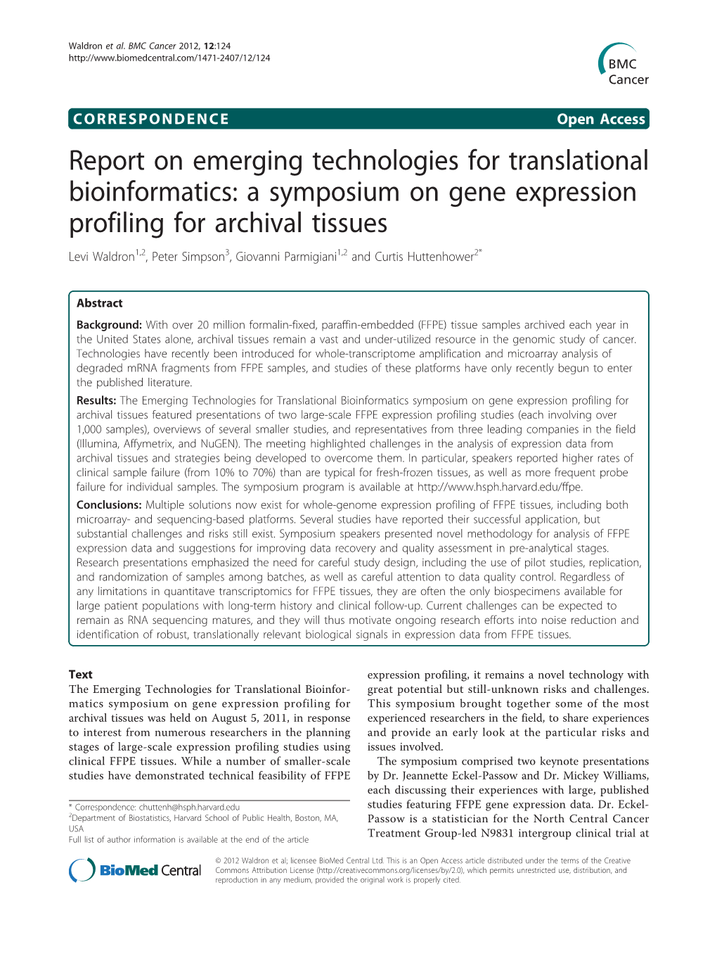 Report on Emerging Technologies for Translational Bioinformatics: a Symposium on Gene Expression Profiling for Archival Tissues