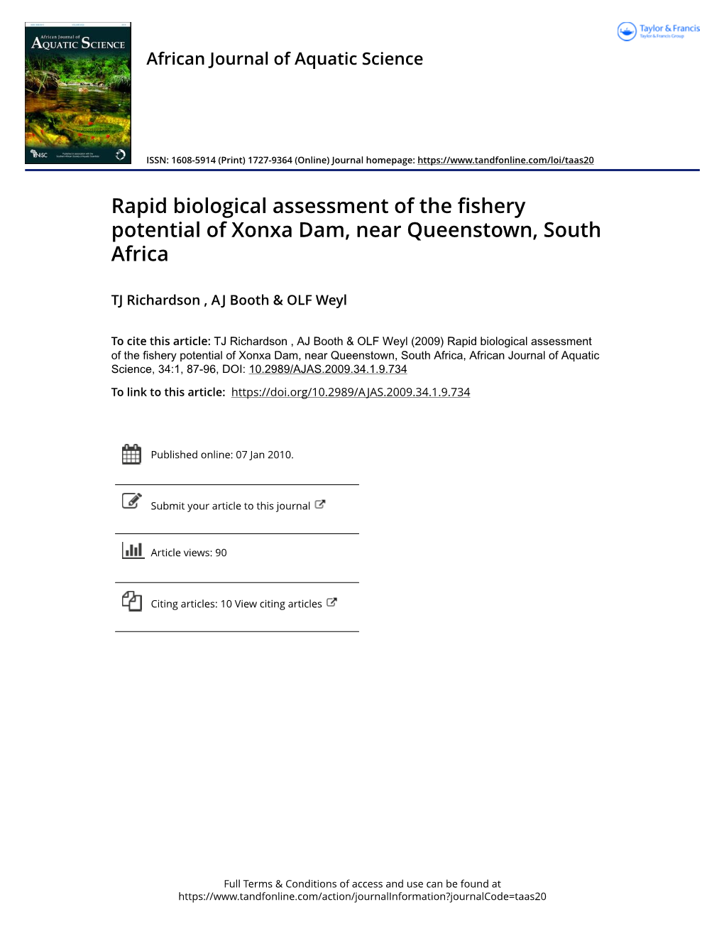 Rapid Biological Assessment of the Fishery Potential of Xonxa Dam, Near Queenstown, South Africa