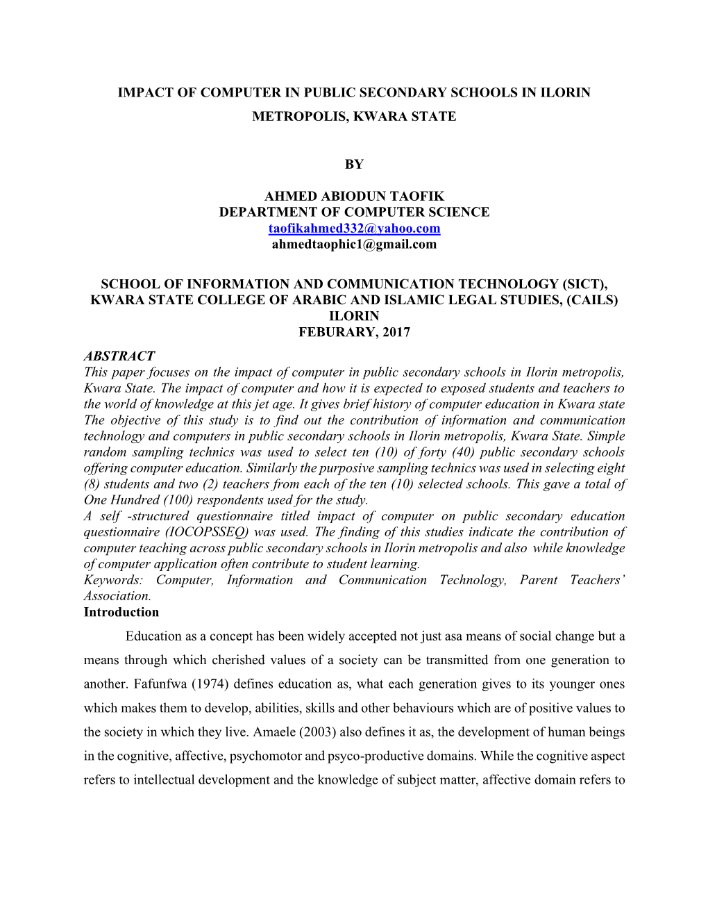 Impact of Computer in Public Secondary Schools in Ilorin Metropolis, Kwara State