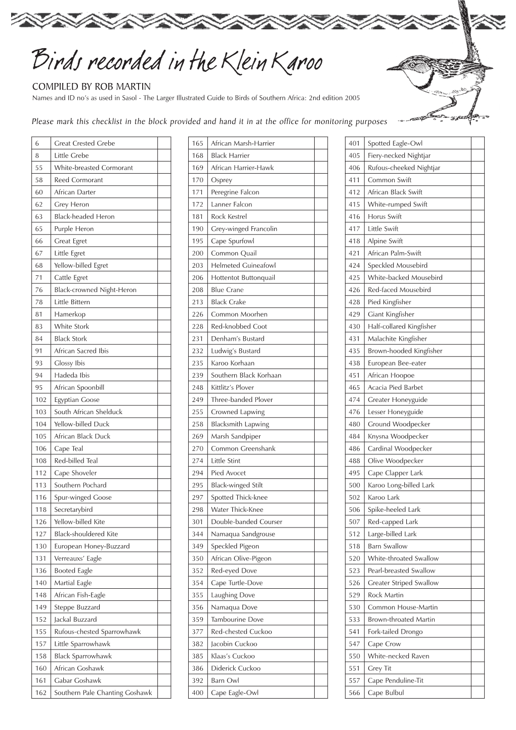 Birds Recorded in the Klein Karoo