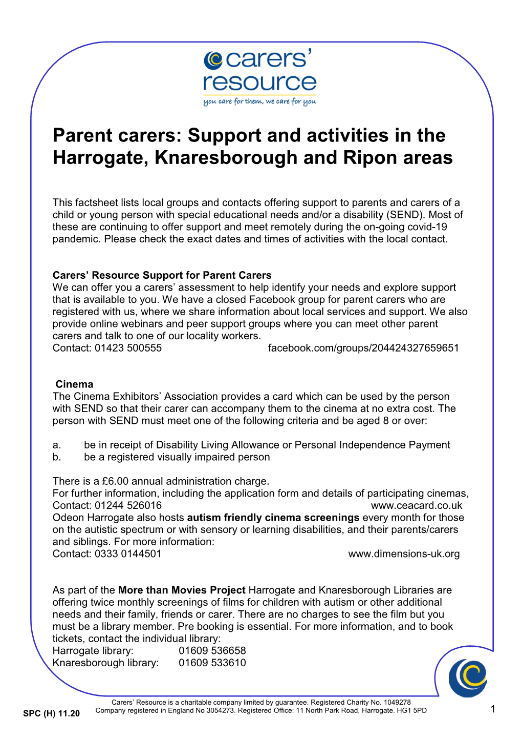 Parent Carers: Support and Activities in the Harrogate, Knaresborough and Ripon Areas