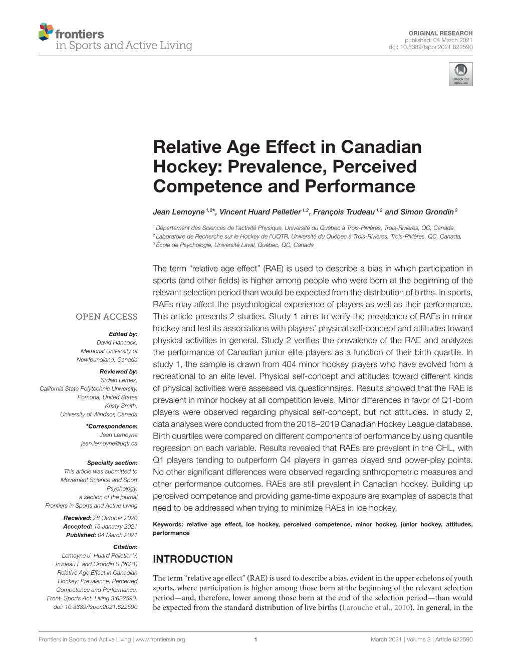 Relative Age Effect in Canadian Hockey: Prevalence, Perceived Competence and Performance