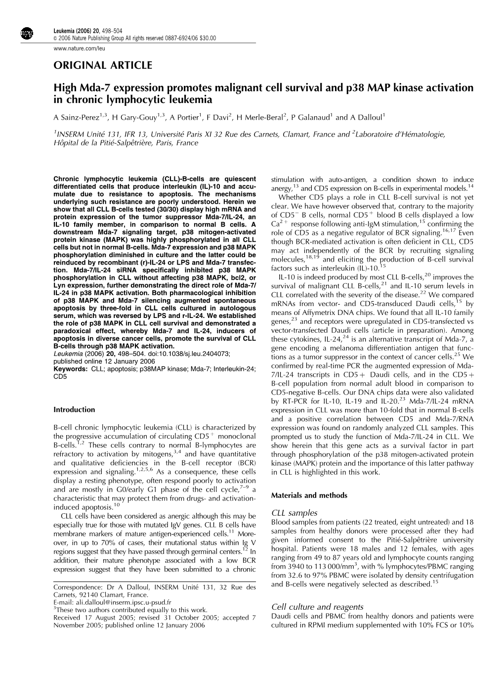 High Mda-7 Expression Promotes Malignant Cell Survival and P38 MAP Kinase Activation in Chronic Lymphocytic Leukemia