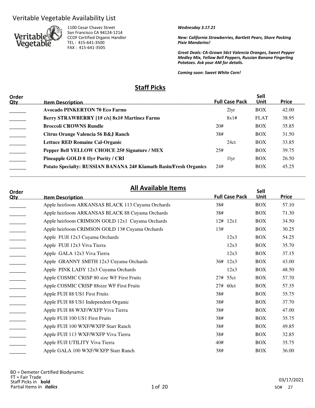 Veritable Vegetable Availability List Staff Picks All Available Items