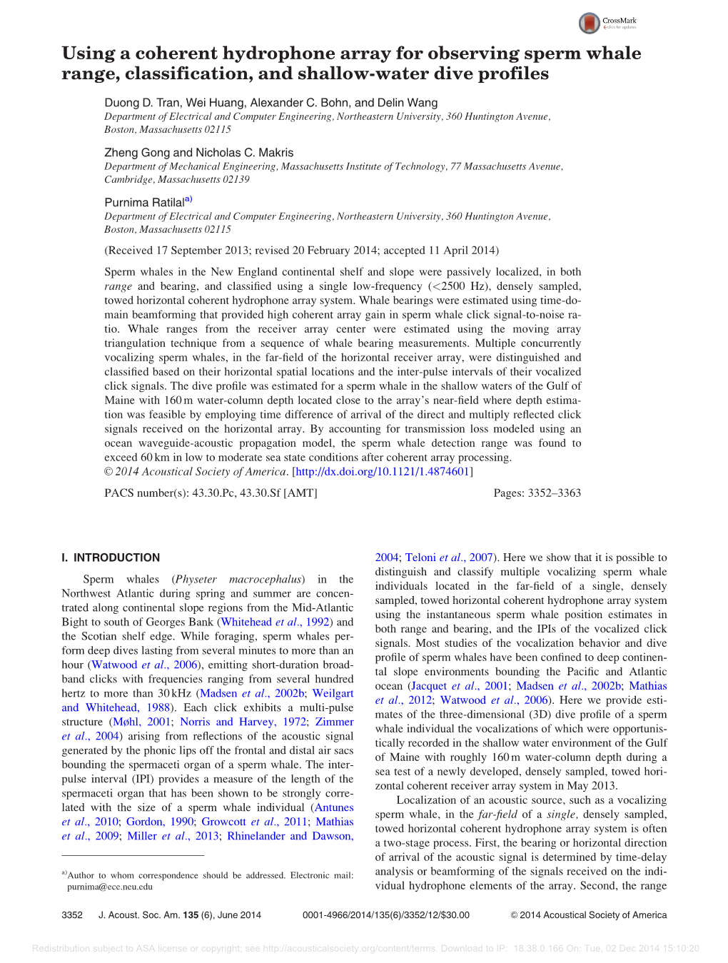 Using a Coherent Hydrophone Array for Observing Sperm Whale Range, Classification, and Shallow-Water Dive Profiles