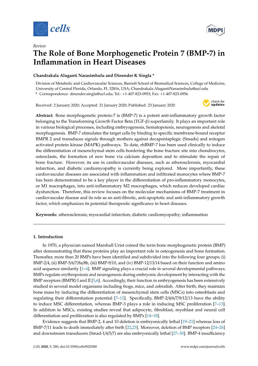 The Role of Bone Morphogenetic Protein 7 (BMP-7) in Inﬂammation in Heart Diseases