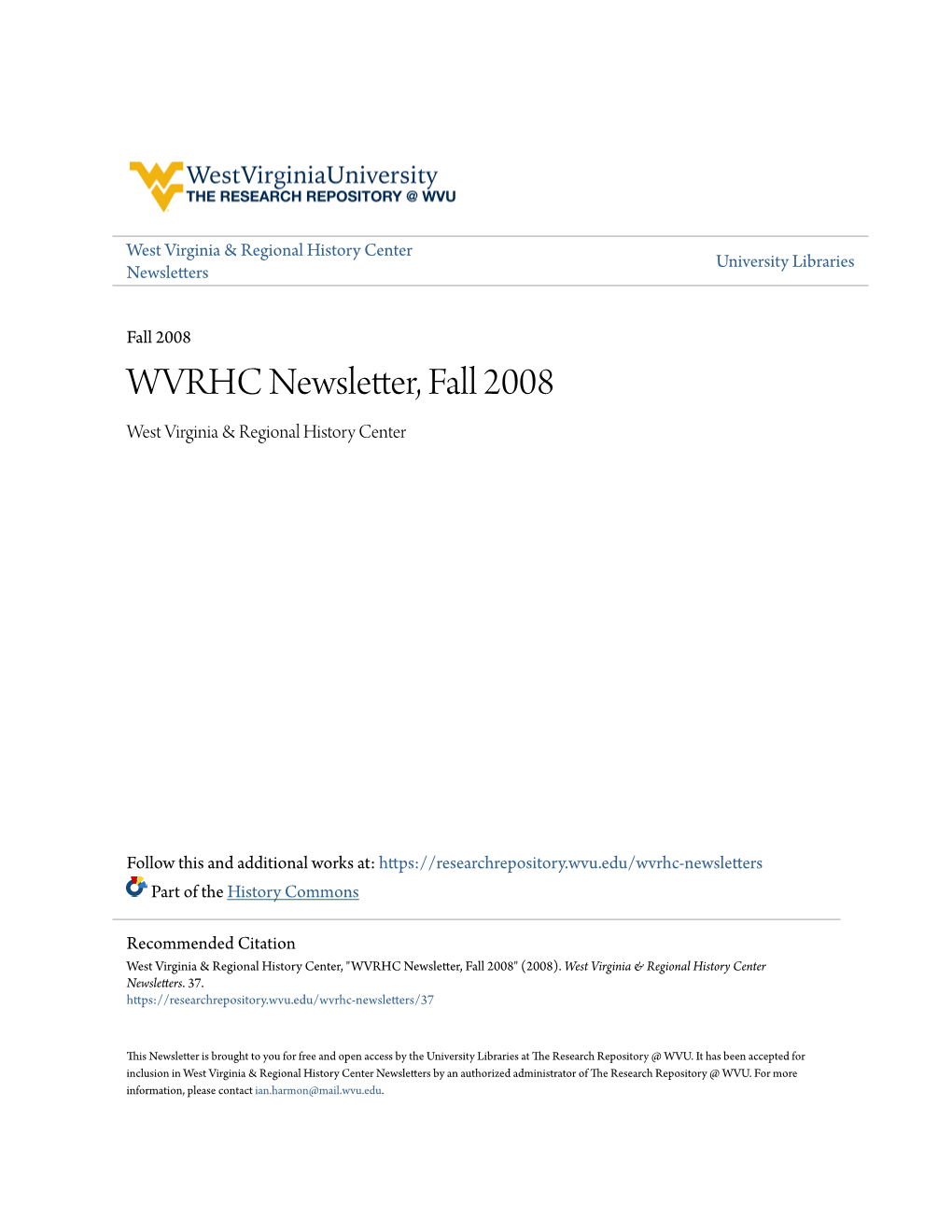 WVRHC Newsletter, Fall 2008 West Virginia & Regional History Center