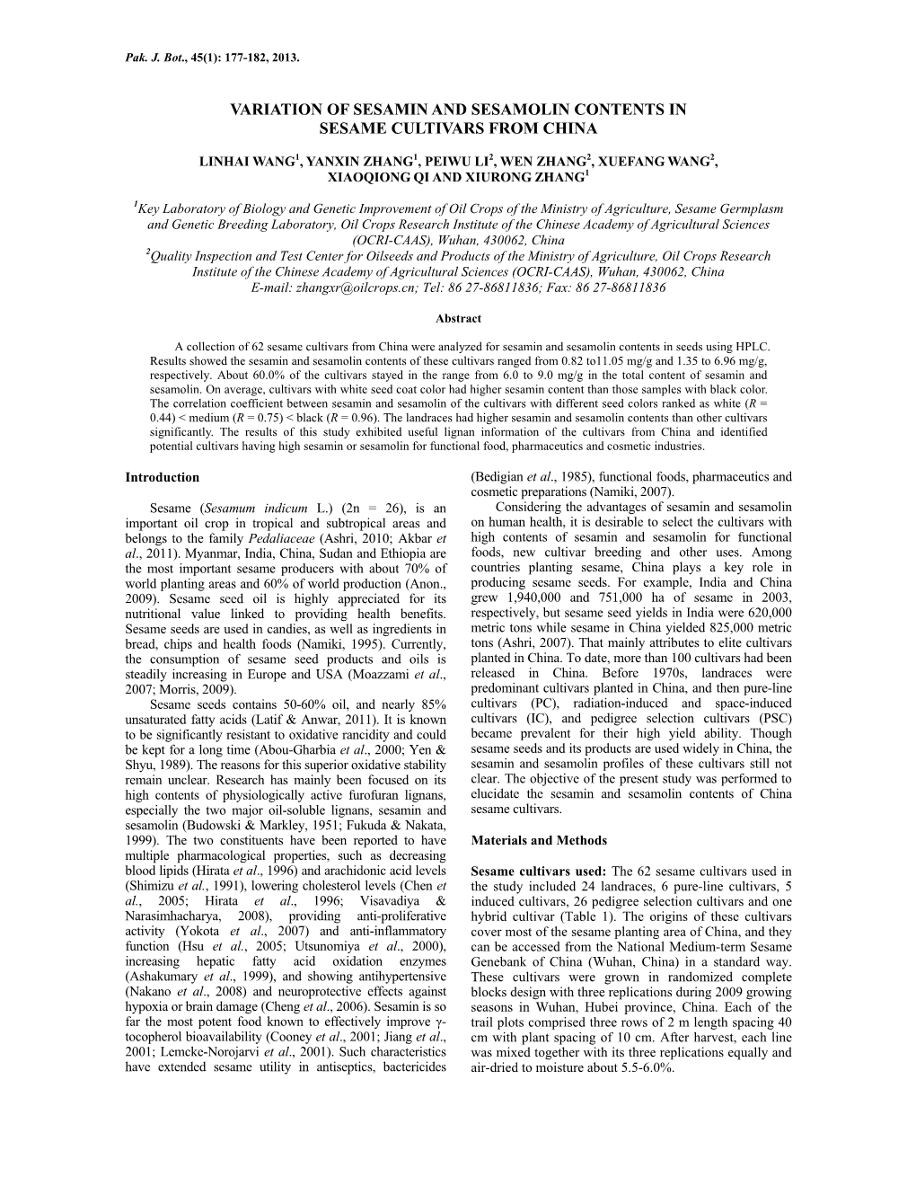 Variation of Sesamin and Sesamolin Contents in Sesame Cultivars from China