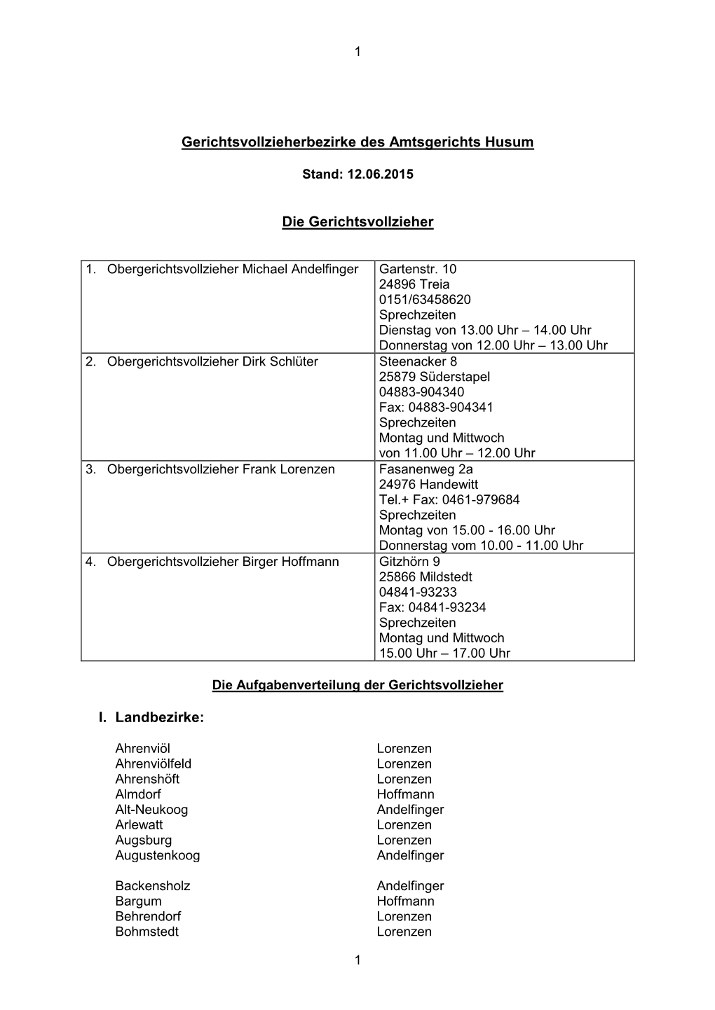 Gerichtsvollzieherbezirke Des Amtsgerichts Husum Die Gerichtsvollzieher I. Landbezirke