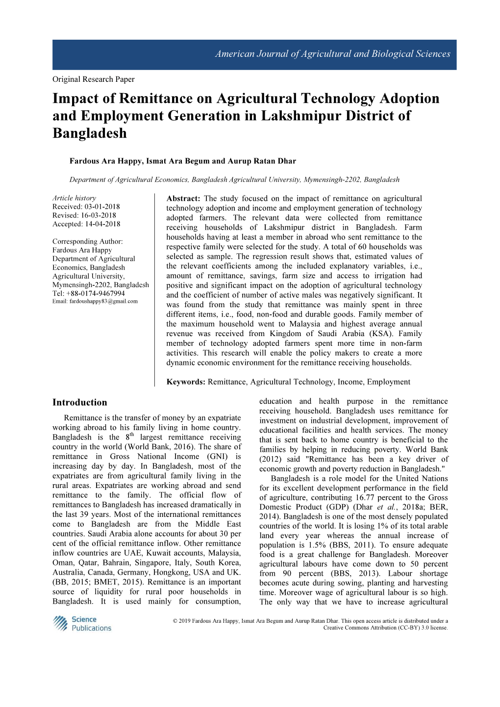 Impact of Remittance on Agricultural Technology Adoption and Employment Generation in Lakshmipur District of Bangladesh
