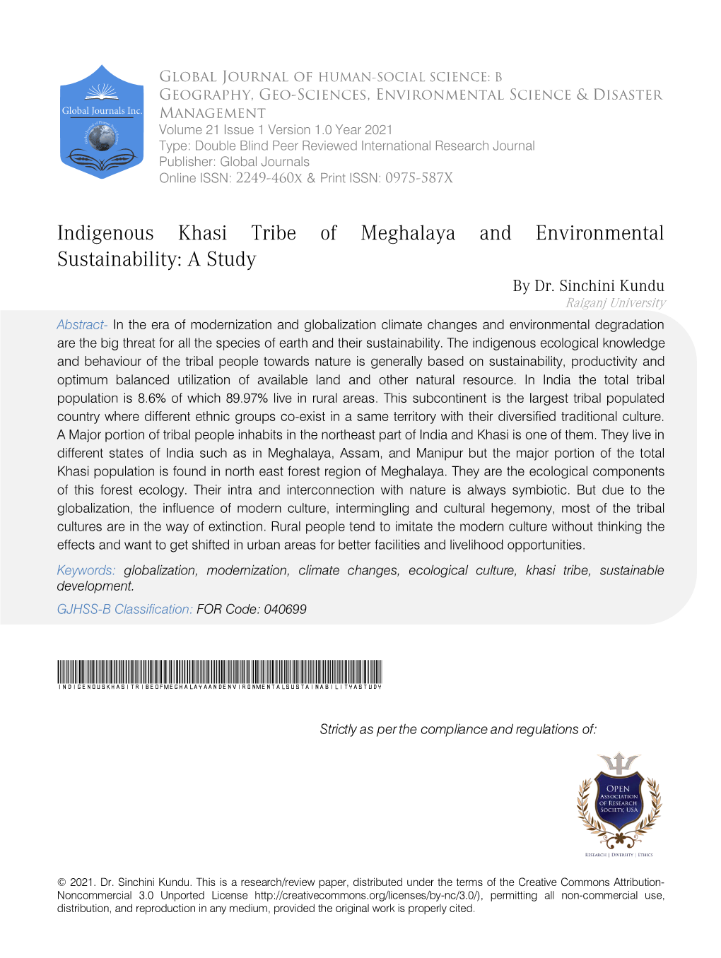 Indigenous Khasi Tribe of Meghalaya and Environmental Sustainability: a Study by Dr