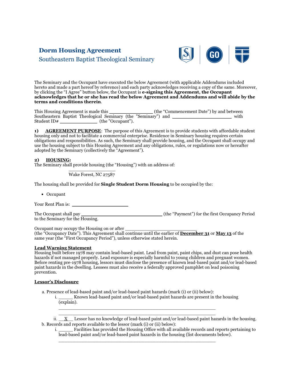 Dorm Housing Agreement