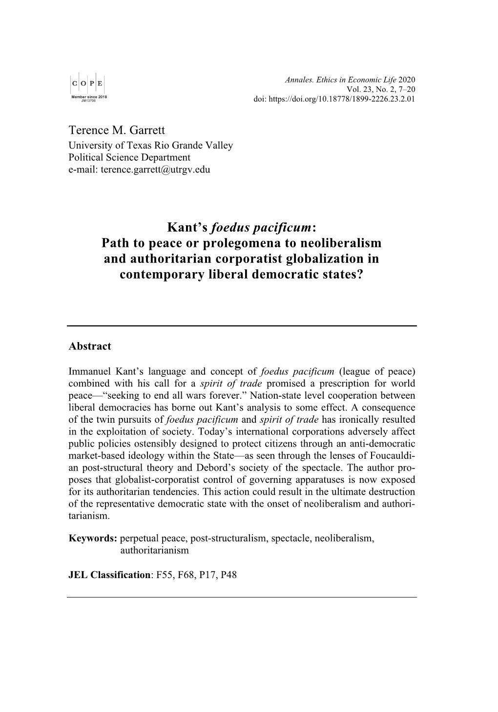 Kant's Foedus Pacificum: Path to Peace Or Prolegomena to Neoliberalism