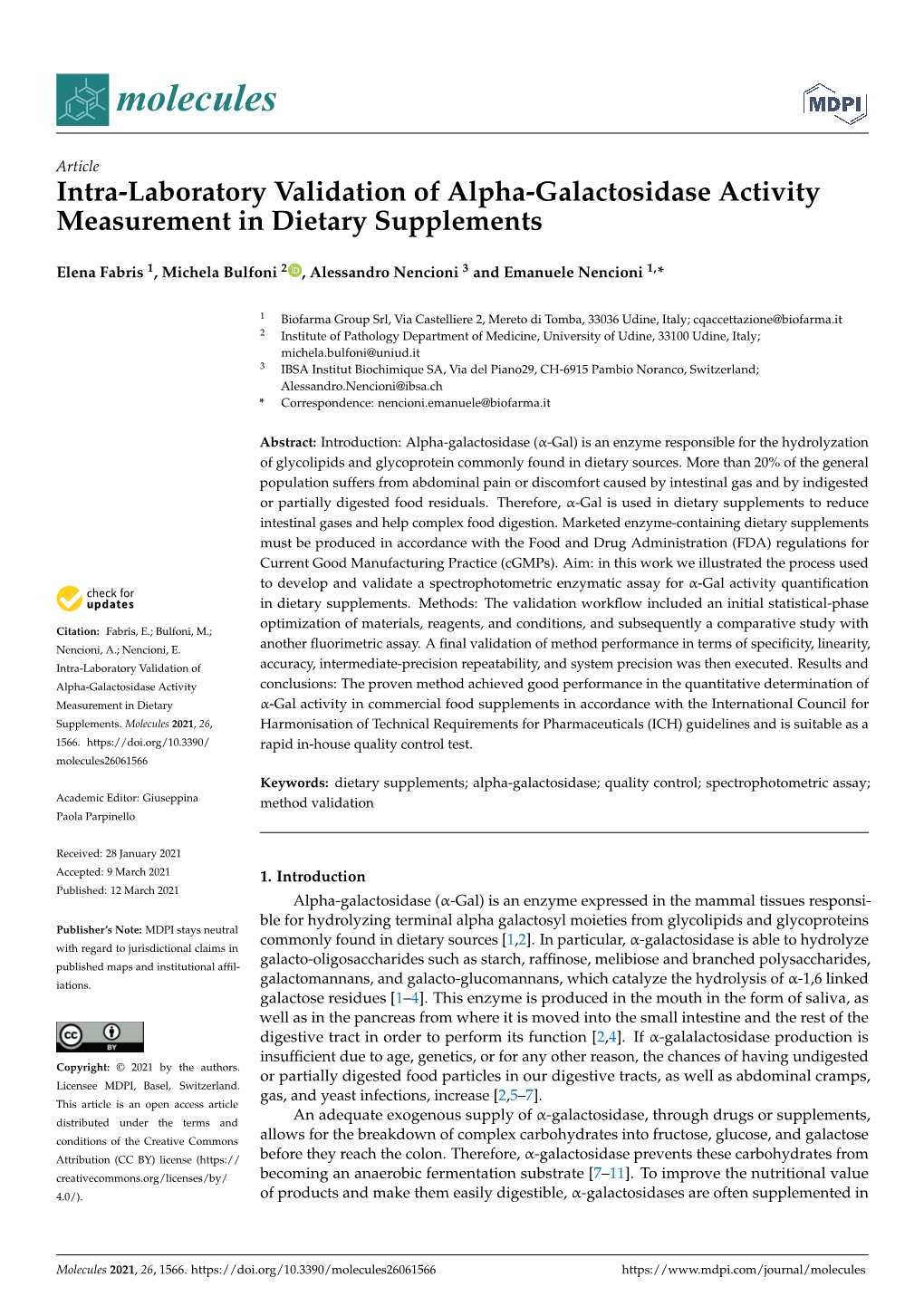 Intra-Laboratory Validation of Alpha-Galactosidase Activity Measurement in Dietary Supplements