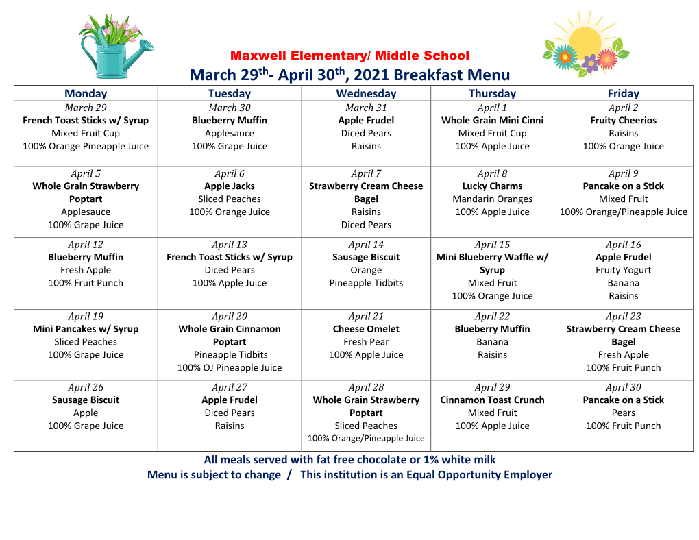 April 30Th, 2021 Breakfast Menu