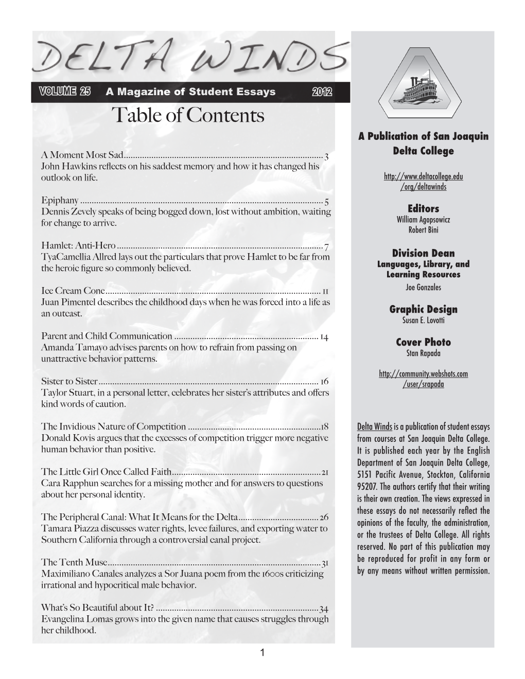 Table of Contents a Publication of San Joaquin a Moment Most Sad