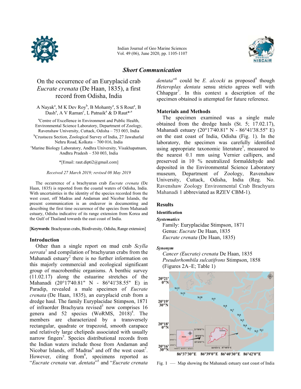 Short Communication on the Occurrence of an Euryplacid Crab