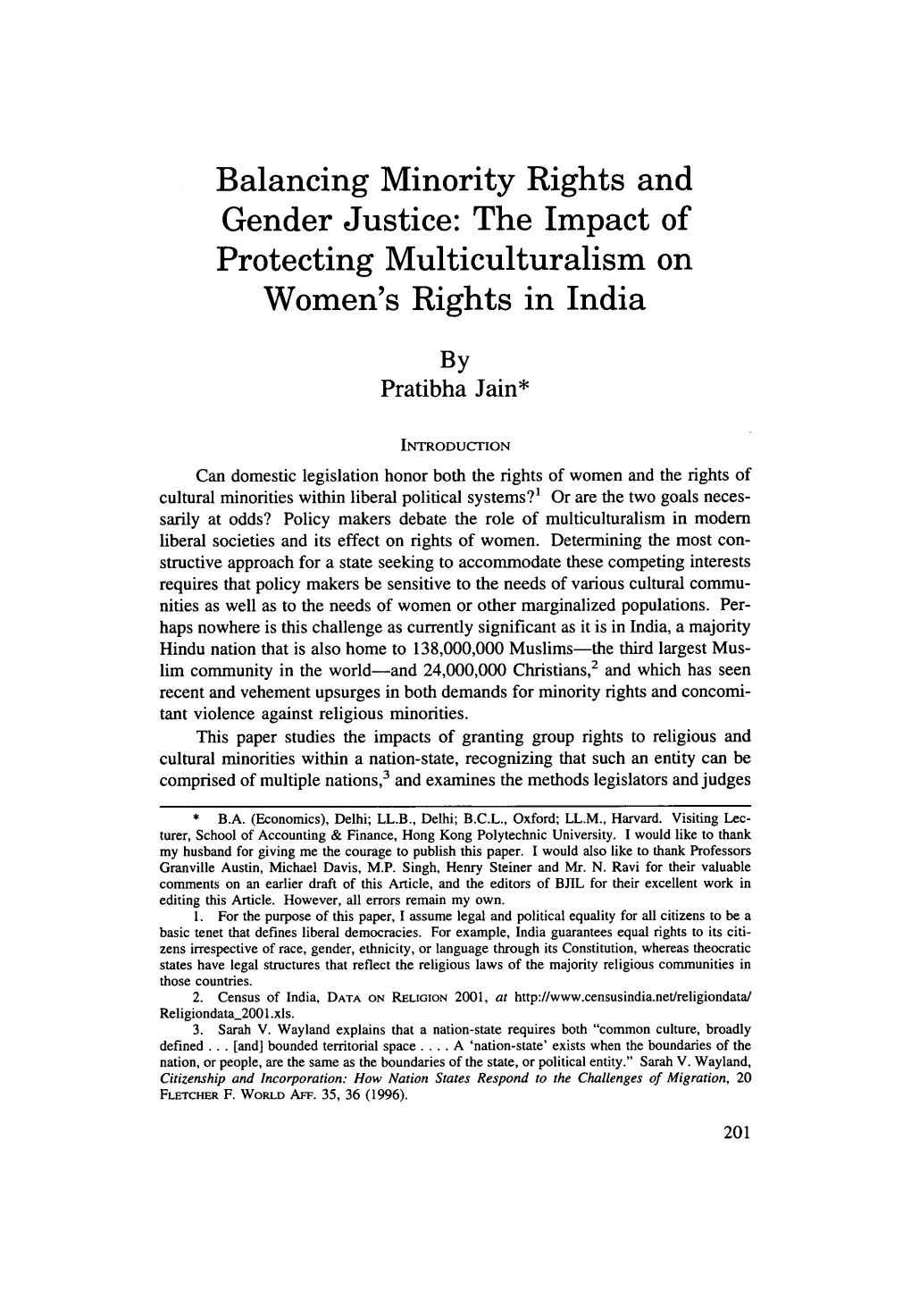 Balancing Minority Rights and Gender Justice: the Impact of Protecting Multiculturalism on Women's Rights in India