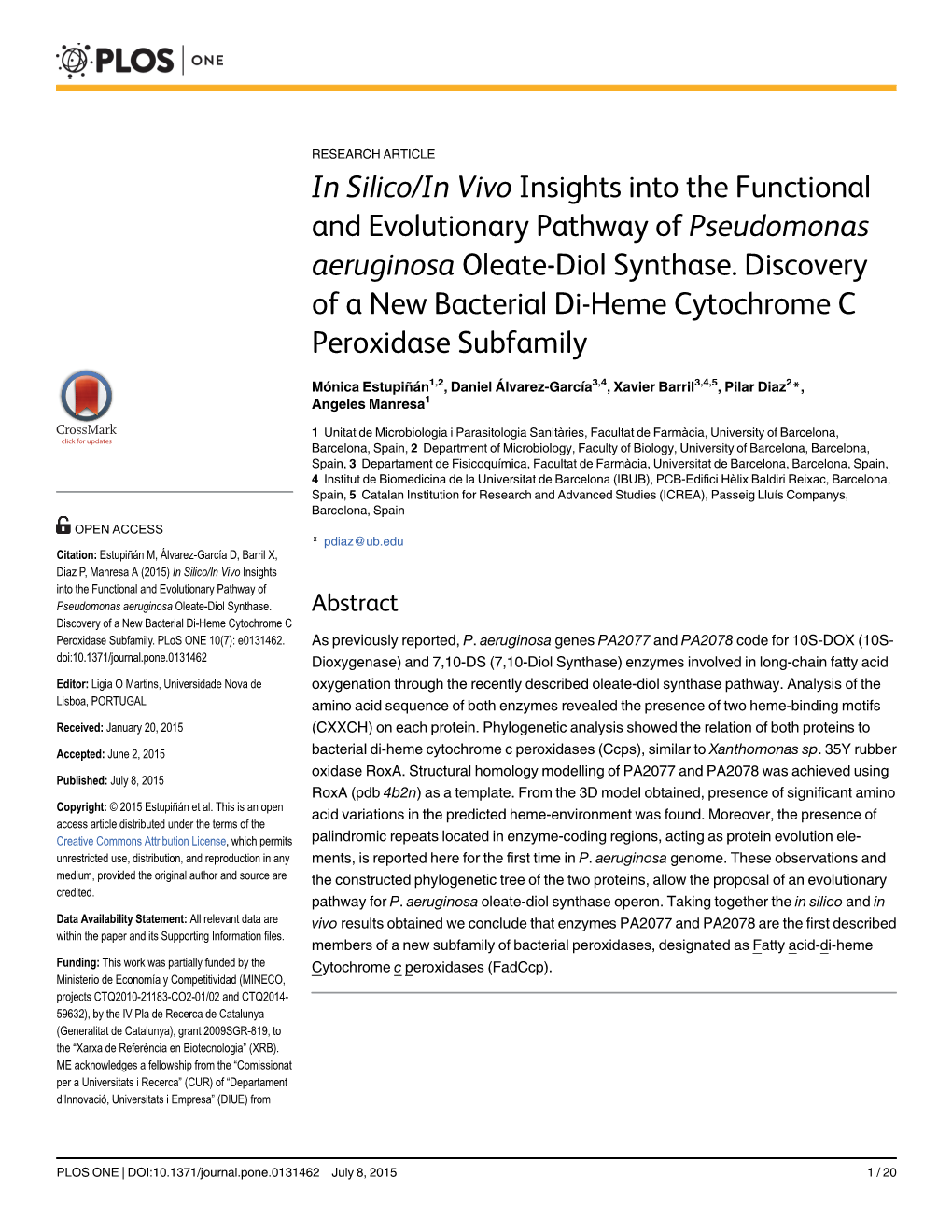 In Silico/In Vivo Insights Into the Functional and Evolutionary Pathway of Pseudomonas Aeruginosa Oleate-Diol Synthase