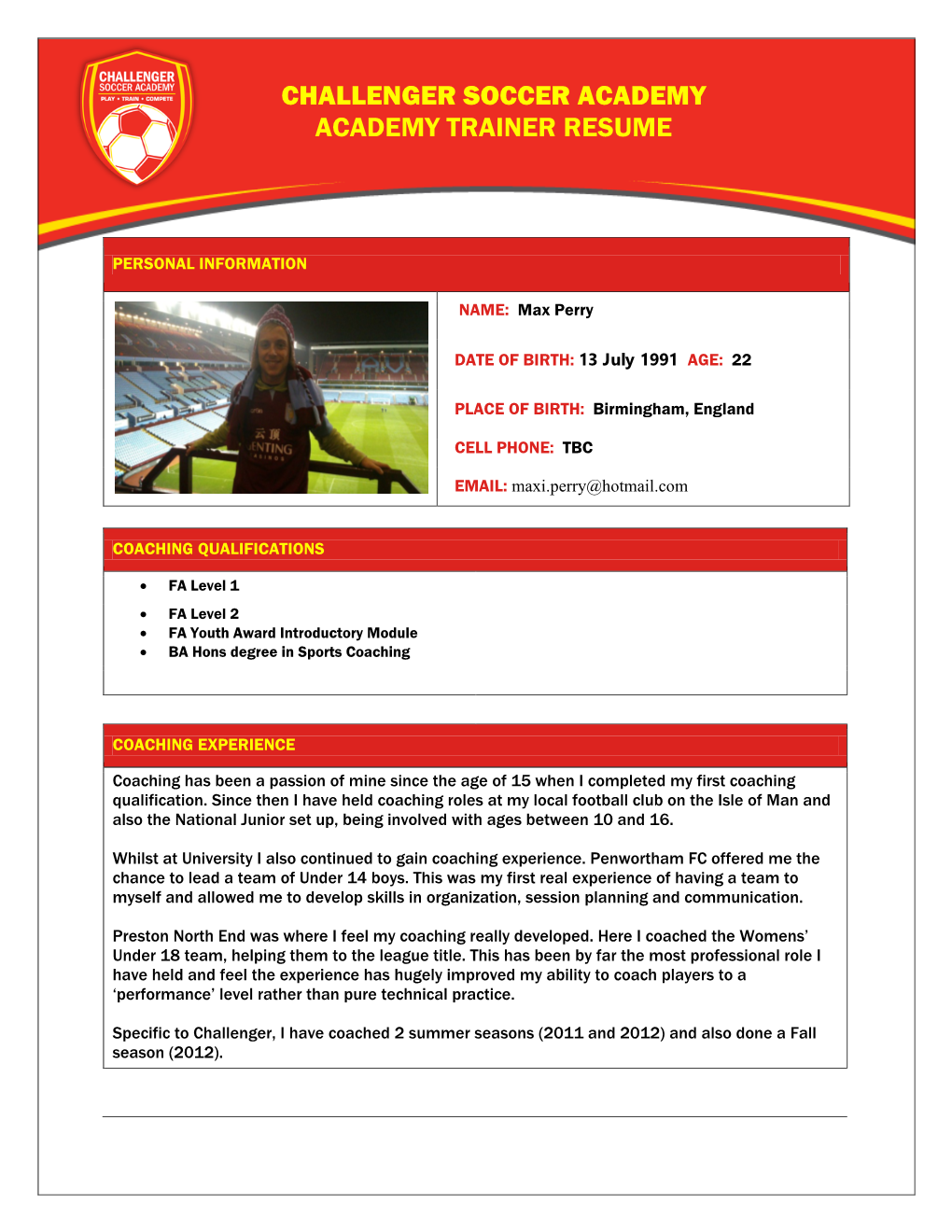 Challenger Soccer Academy Academy Trainer Resume