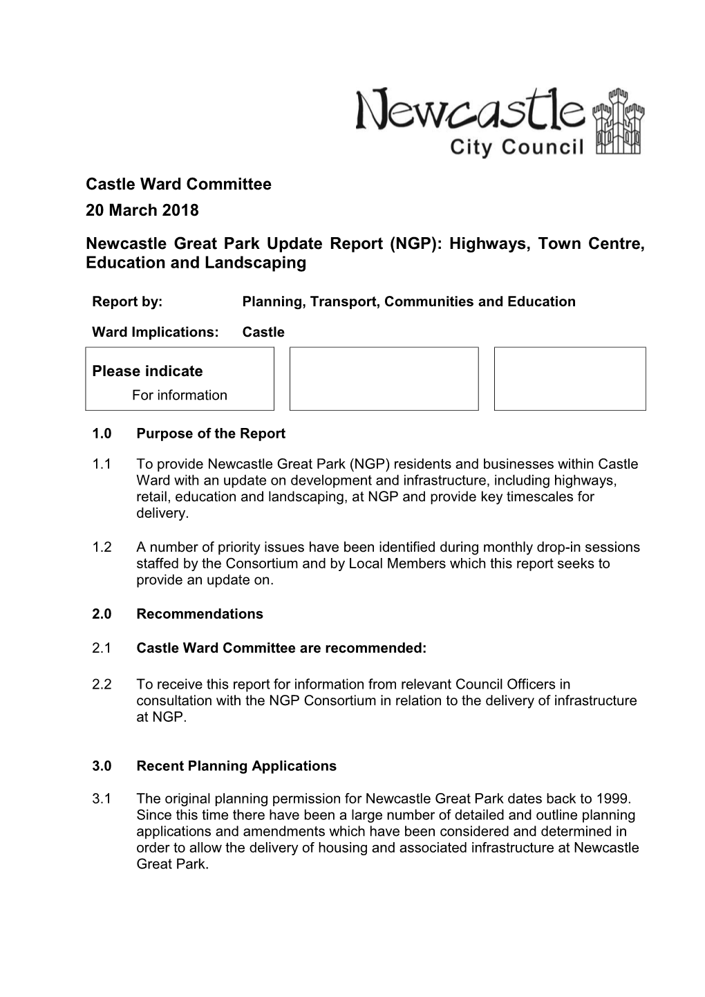 Castle Ward Committee 20 March 2018 Newcastle Great Park Update Report (NGP): Highways, Town Centre, Education and Landscaping