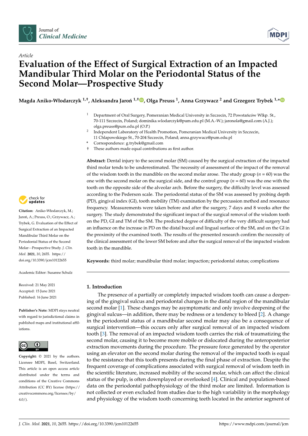 Evaluation of the Effect of Surgical Extraction of an Impacted Mandibular Third Molar on the Periodontal Status of the Second Molar—Prospective Study