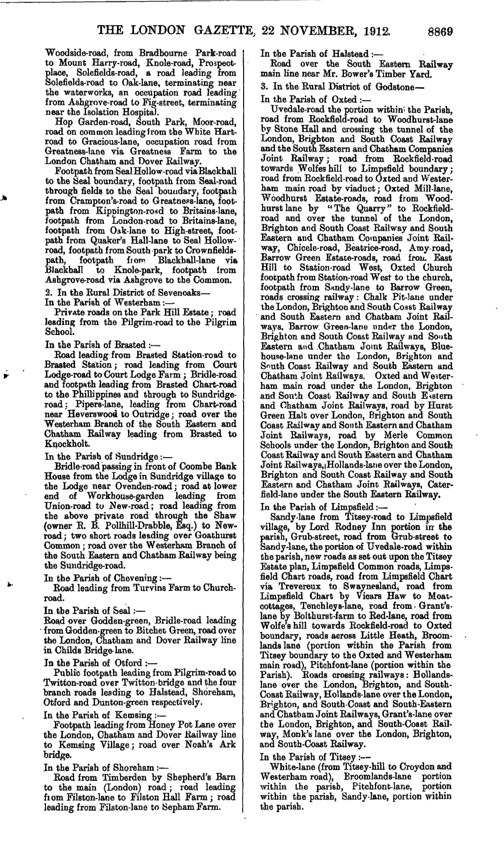 The London Gazette, 22 Novembee, 1912. 8869
