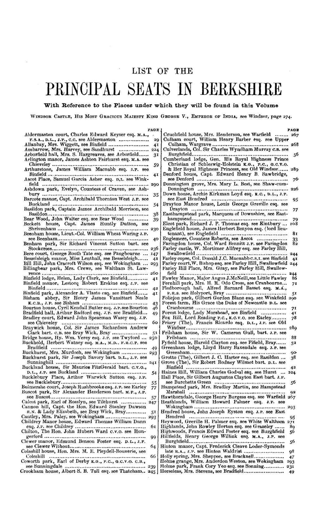 LIST of the PRINCIPAL SEATS in BERKSHIRE with Reference to the Places Under Which They Will Be Found in This Volume