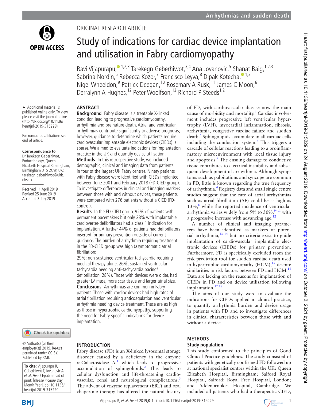 Study of Indications for Cardiac Device Implantation and Utilisation in Fabry