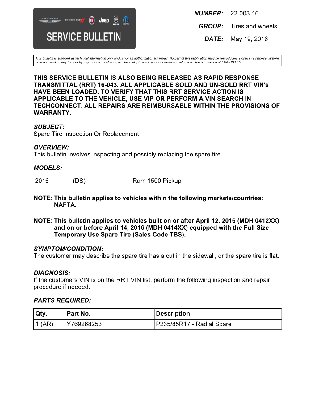 This Service Bulletin Is Also Being Released As Rapid Response Transmittal (Rrt) 16-043