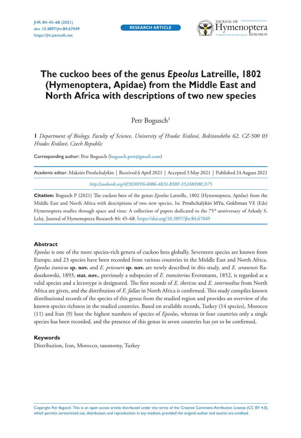 The Cuckoo Bees of the Genus Epeolus Latreille, 1802 (Hymenoptera, Apidae) from the Middle East and North Africa with Descriptions of Two New Species