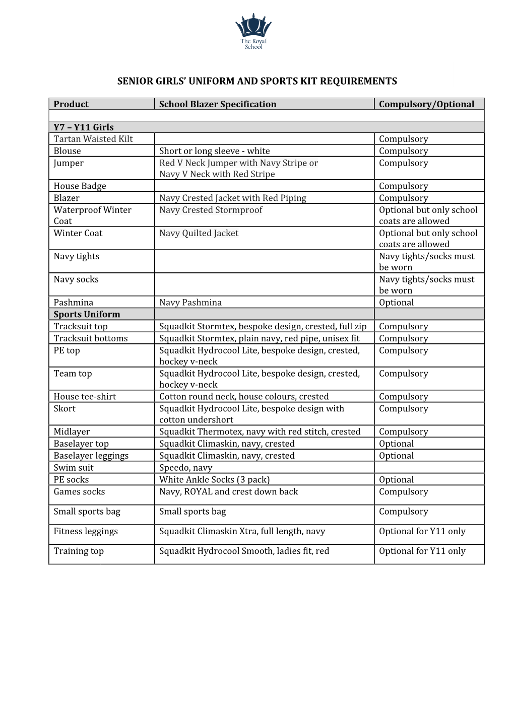 Senior Girls' Uniform and Sports Kit Requirements