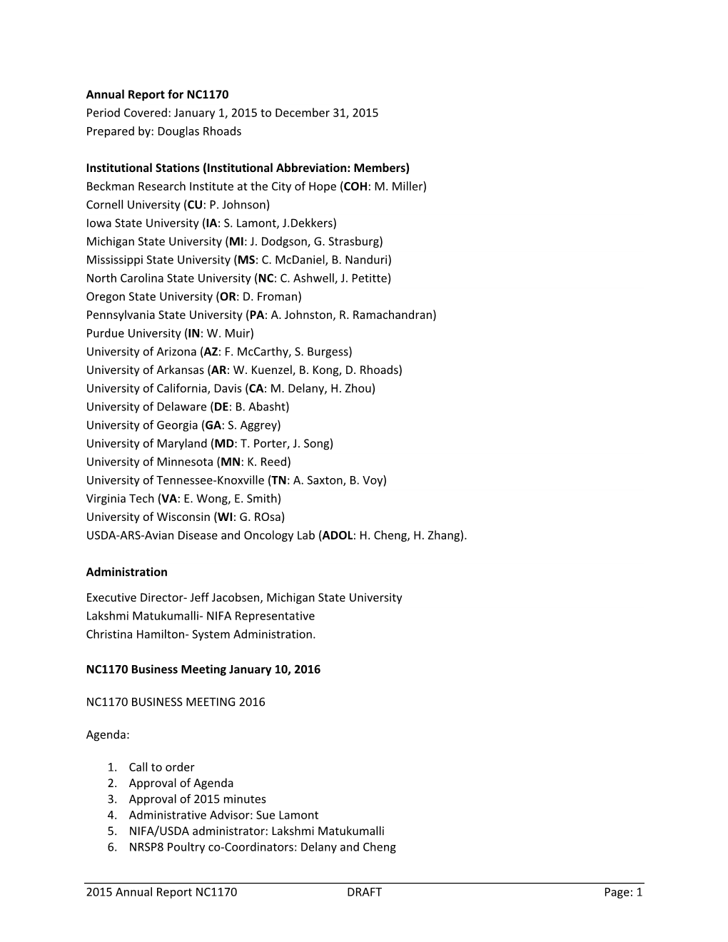 2015 Annual Report NC1170 DRAFT Page: 1 Annual Report For