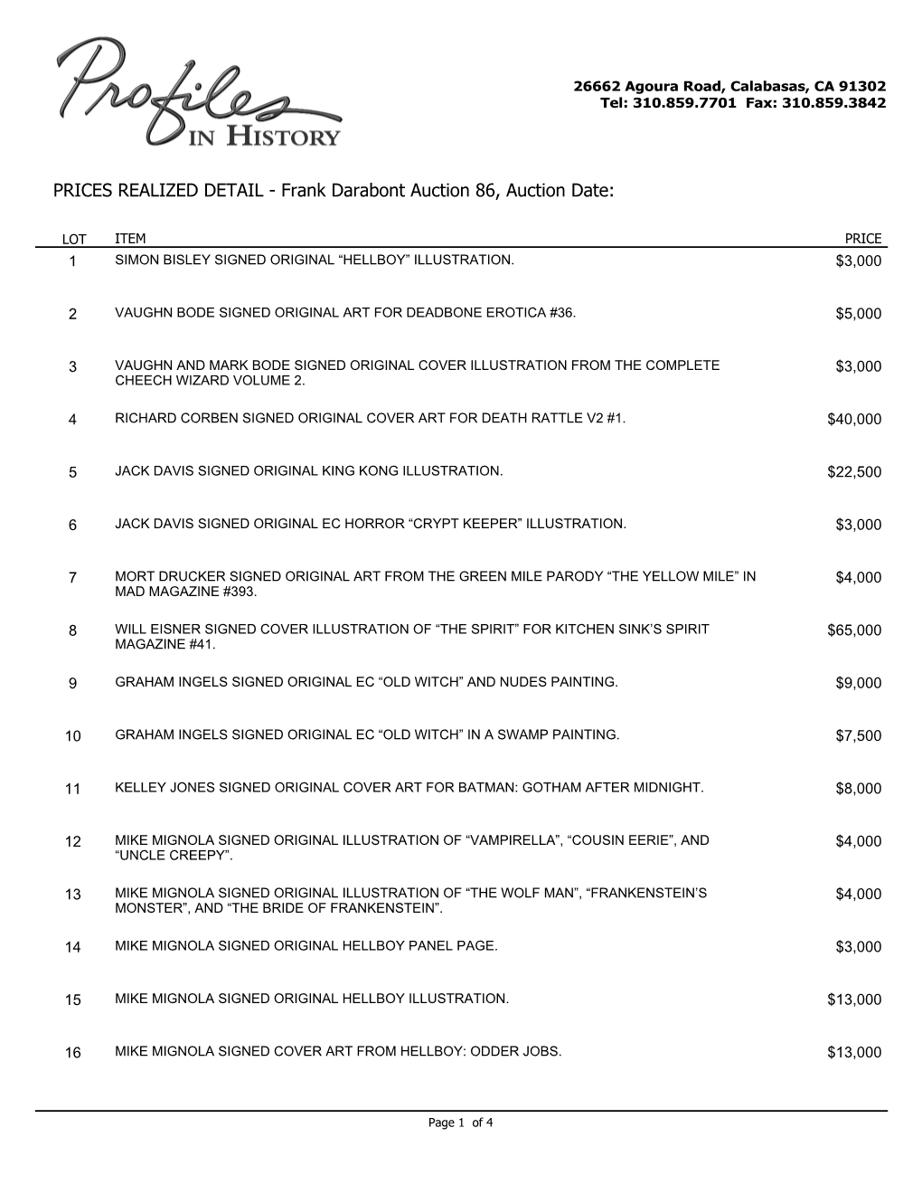 PRICES REALIZED DETAIL - Frank Darabont Auction 86, Auction Date