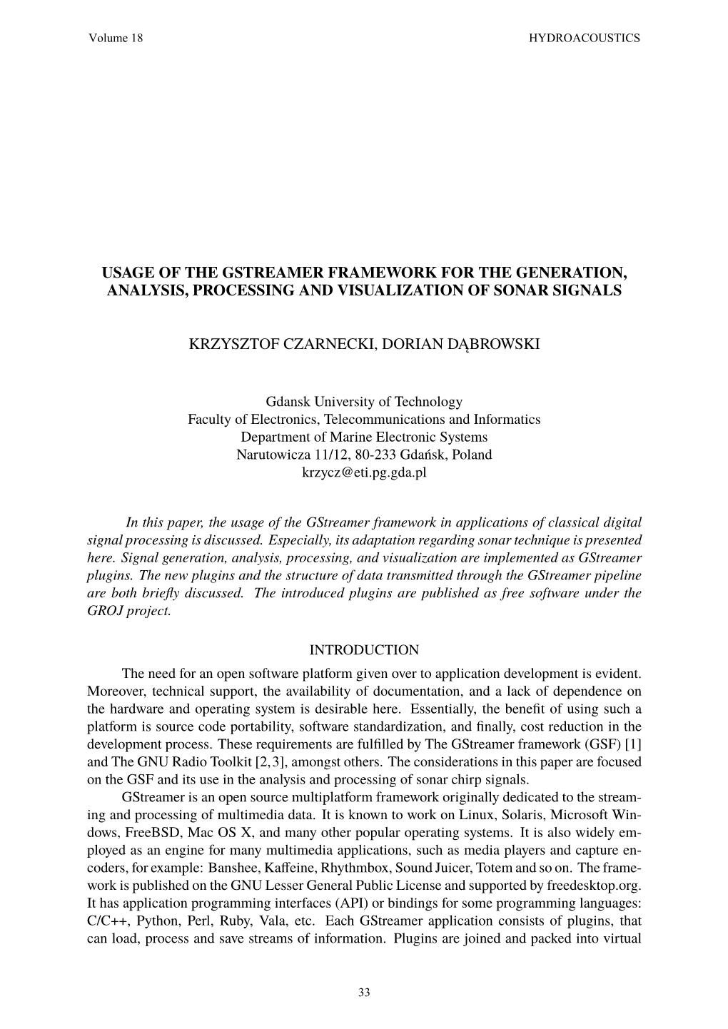 Usage of the Gstreamer Framework for the Generation, Analysis, Processing and Visualization of Sonar Signals