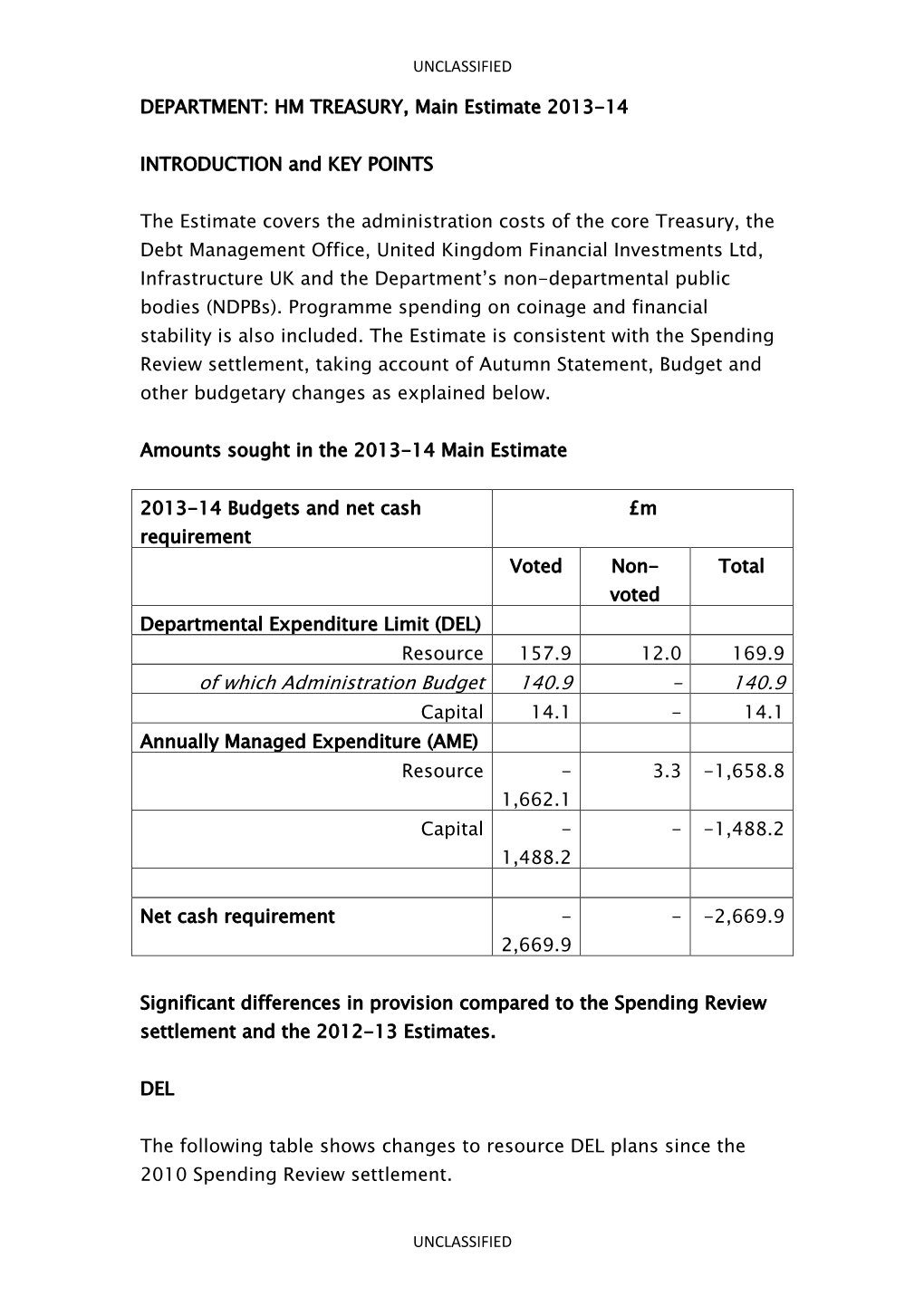 DEPARTMENT: HM TREASURY, Main Estimate 2013-14