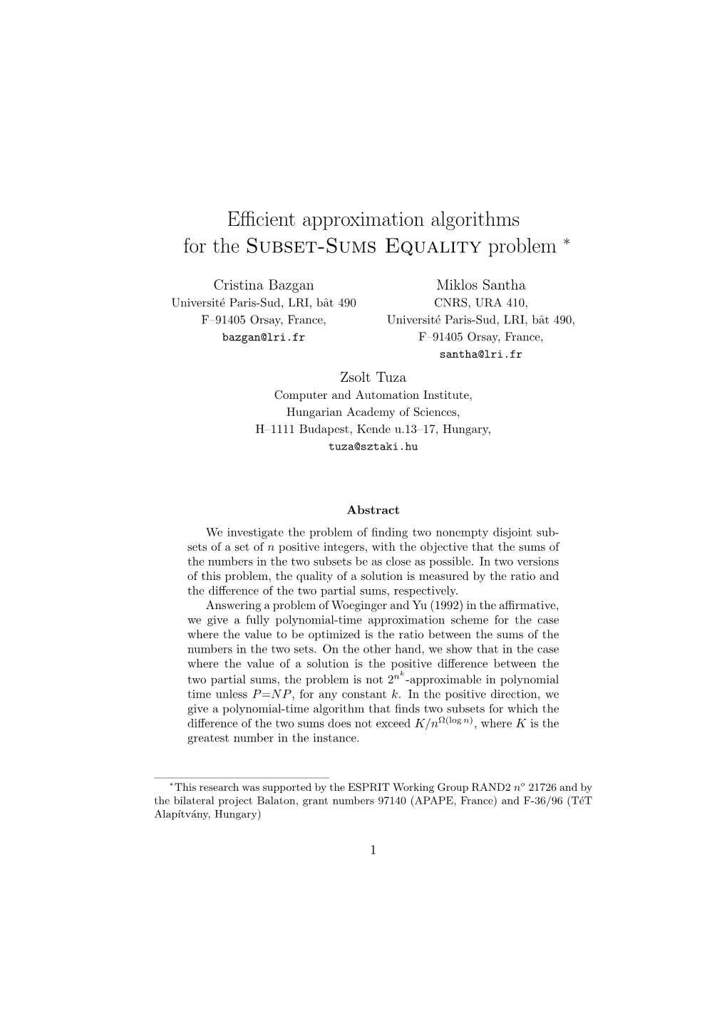 Efficient Approximation Algorithms for the Subset-Sums Equality Problem