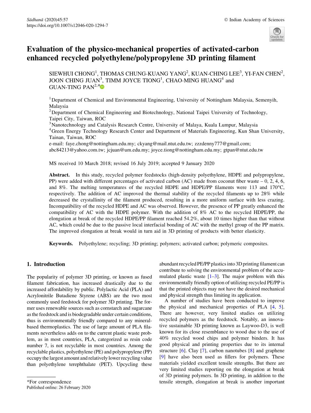 Evaluation of the Physico-Mechanical Properties of Activated-Carbon Enhanced Recycled Polyethylene/Polypropylene 3D Printing ﬁlament
