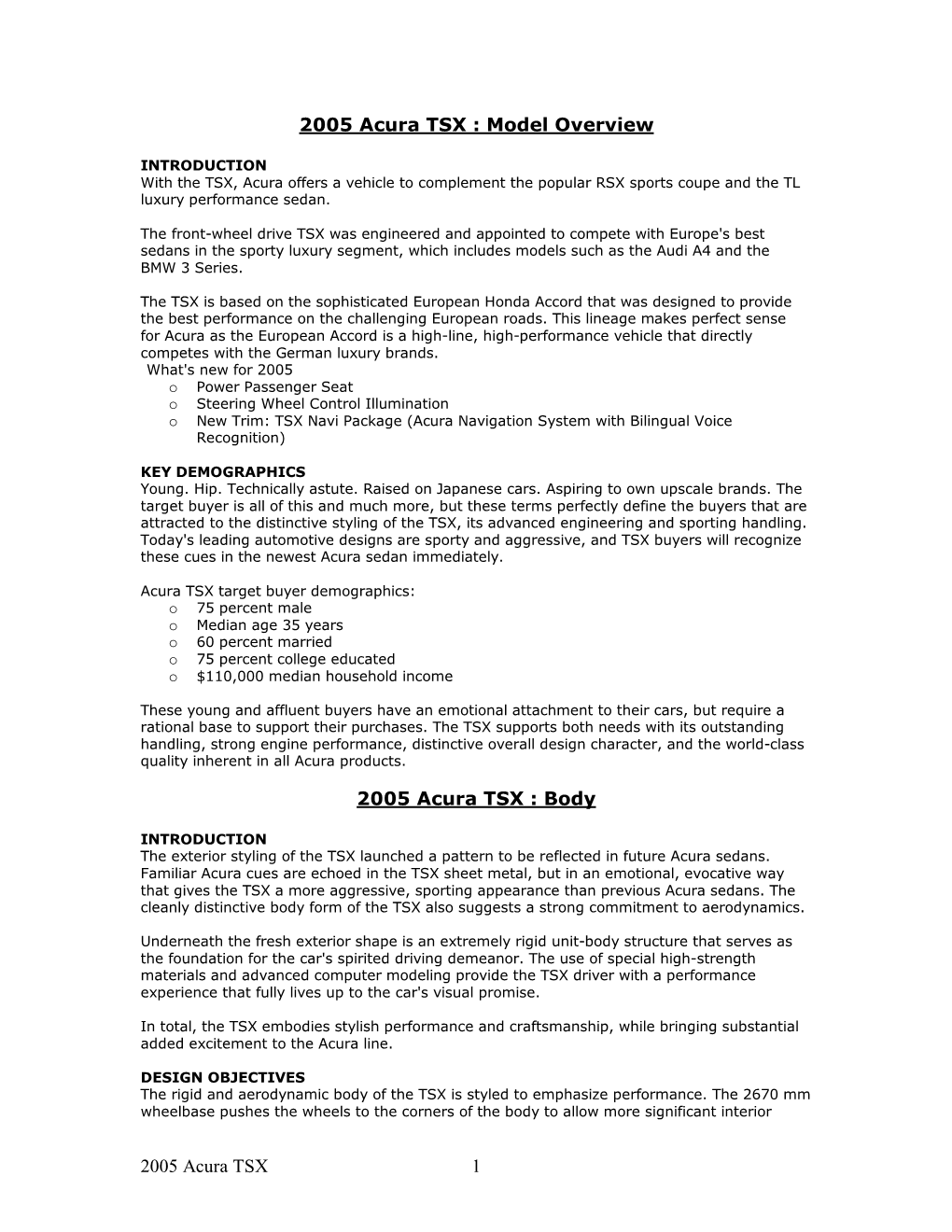 Model Overview 2005 Acura